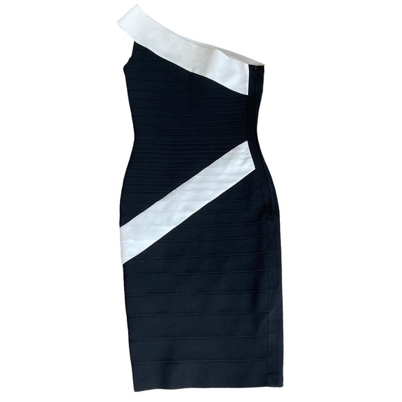 Dress the Population Size Small One Shoulder Black White Bodycon Mini Dress NWOT - Picture 2 of 8